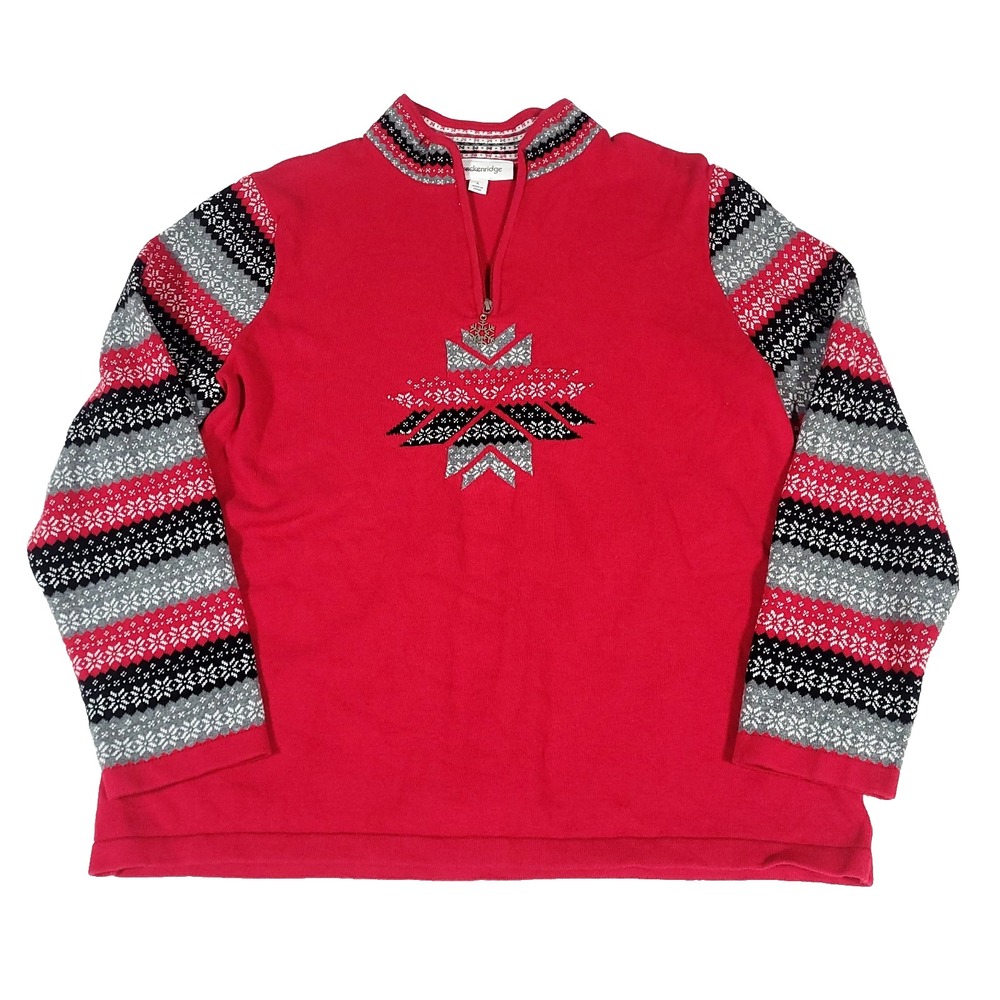 Fair Isle Snowflake Half Zip Sweater L Red Breckenridge Nordic cabin resort cozy